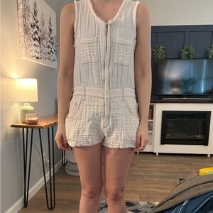 Free People Cream Textured Sleeveless Romper with Front Zip